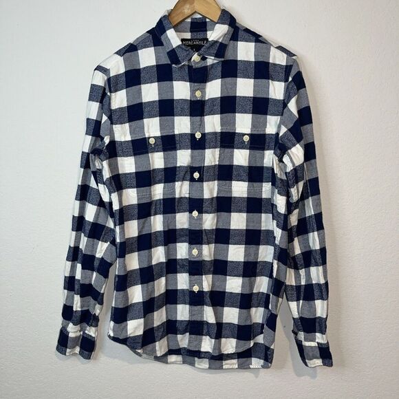 J Crew Mercantile Shirt Mens Small Blue White Buffalo Check Flannel Button Up - Picture 1 of 8